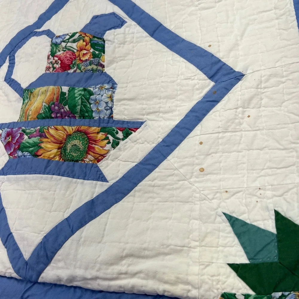 Vintage Hand Stitched Patchwork Quilt 86x80 Dresden Plate Teapot Appliqué Flaw